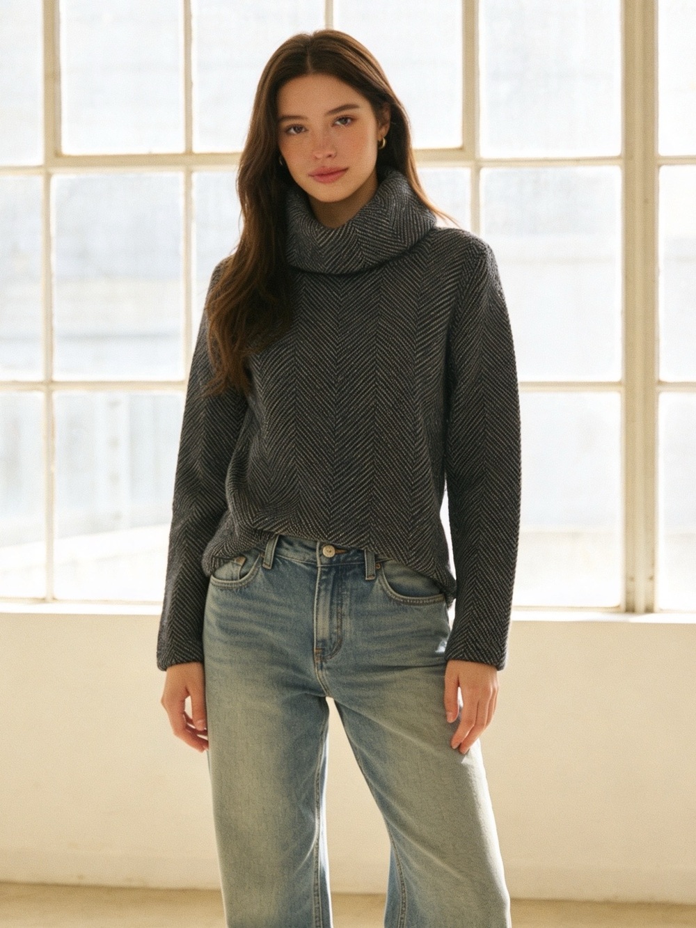 J.Crew Herringbone Funnel Neck Pullover Sweater XXS